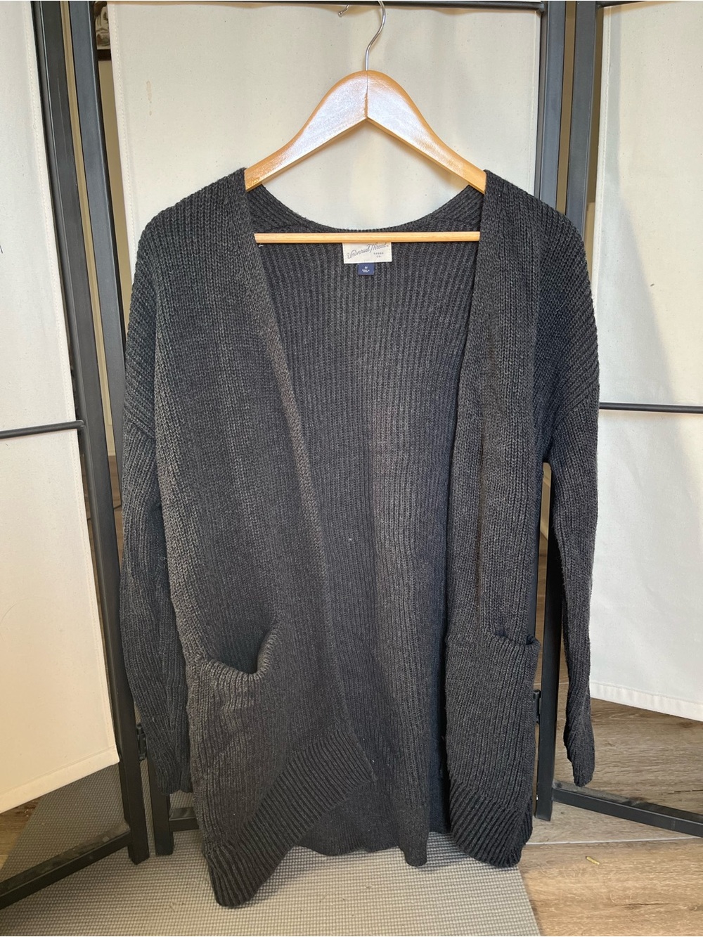 Black Open-Front Ribbed Knit Cardigan